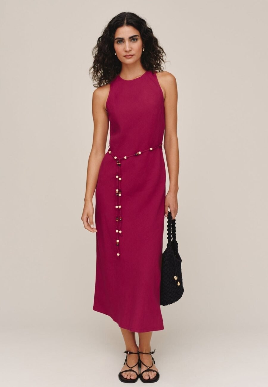Bias Midi Dress With Beaded Belt - Sangria