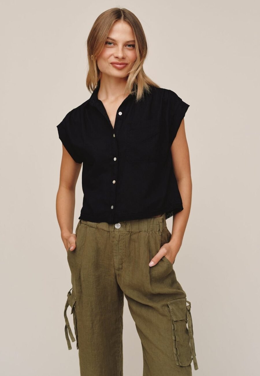Cap Sleeve Trimmed Shirt - Black