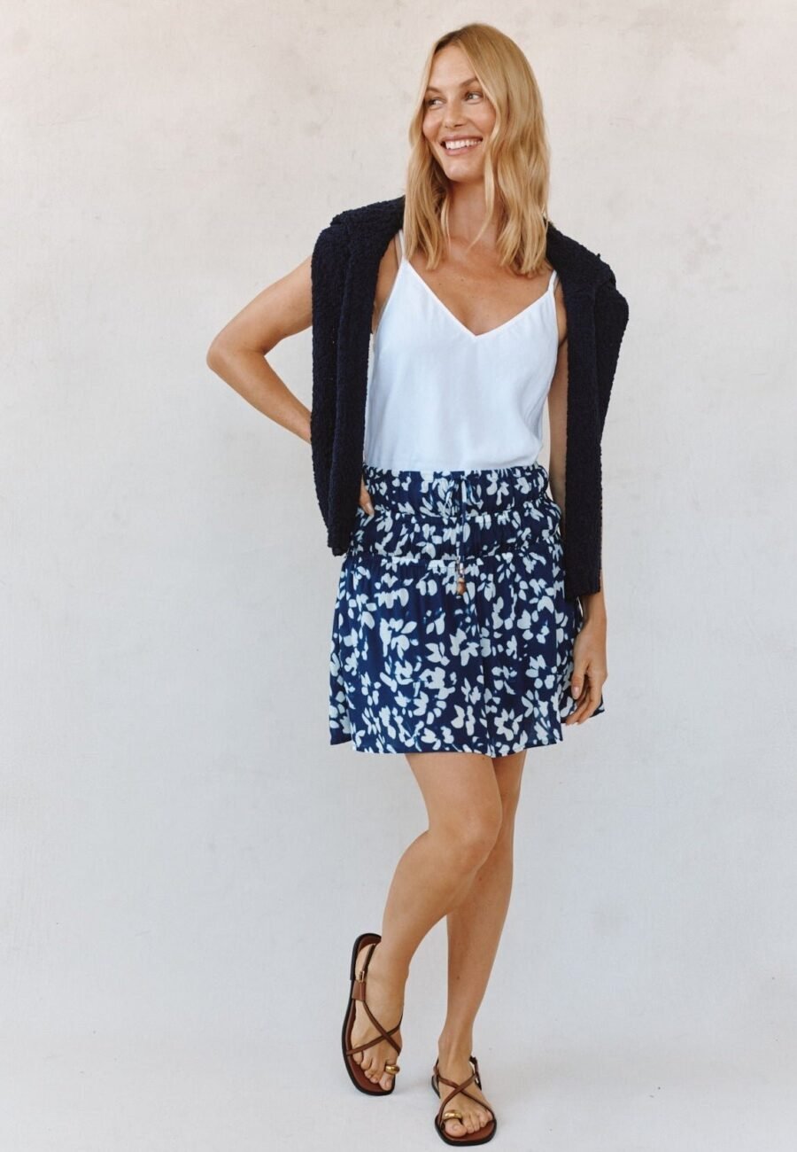 Elastic Gathered Mini Skirt - Indigo Bloom Print
