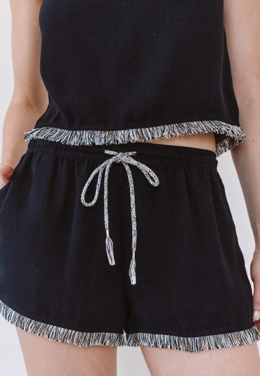 Elastic Waist Fringe Short - Black