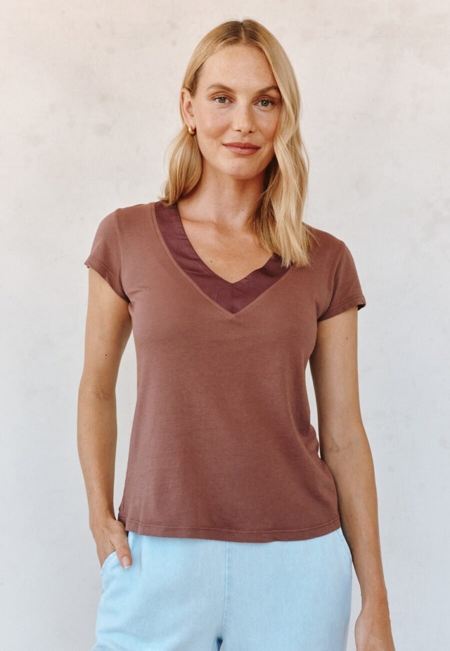 Mixed V Neck Tee - Mocha Cloud