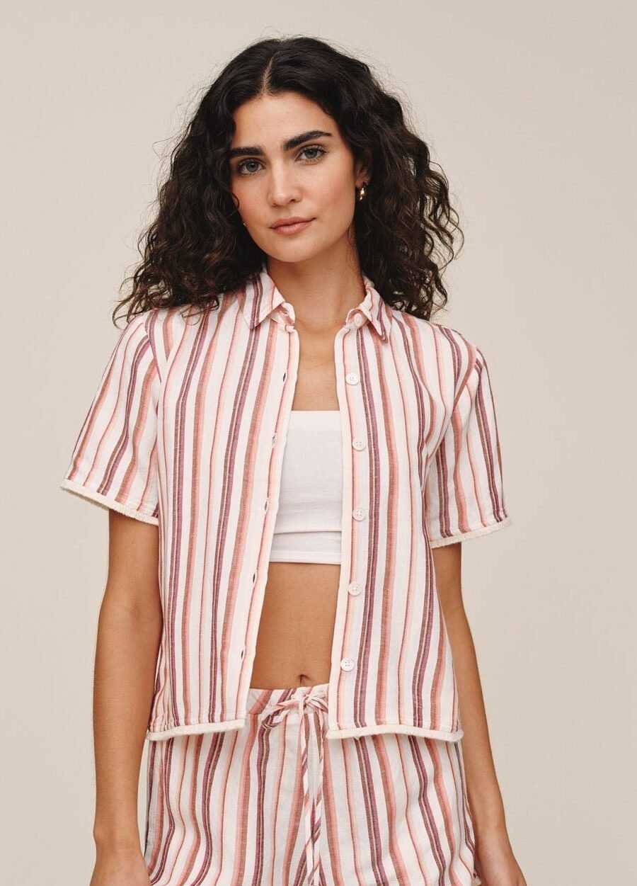Short Sleeve Fringe Hem Shirt - Sunset Stripe