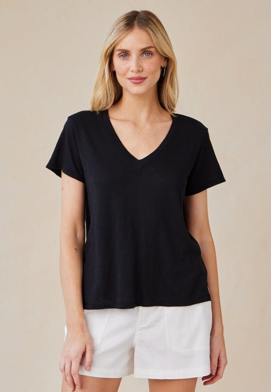 Side Slit V-Neck Tee - Black