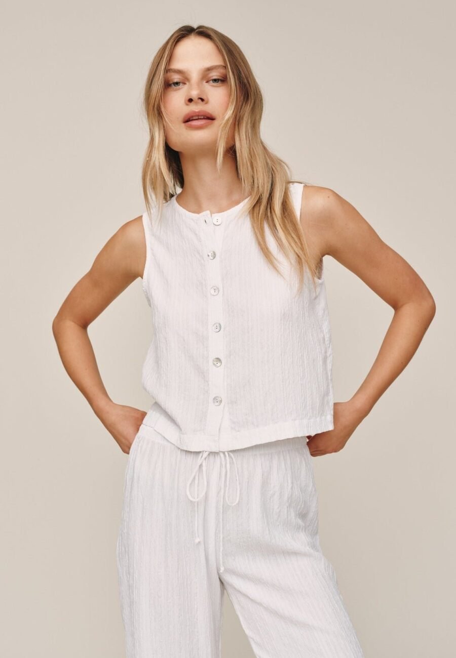Sleeveless Button Front Top - White