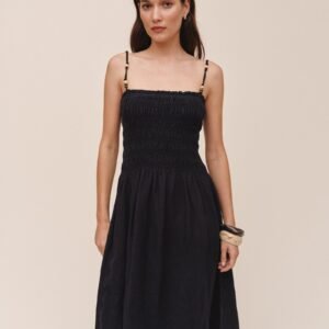Smocked Dress With Beaded Straps - Black