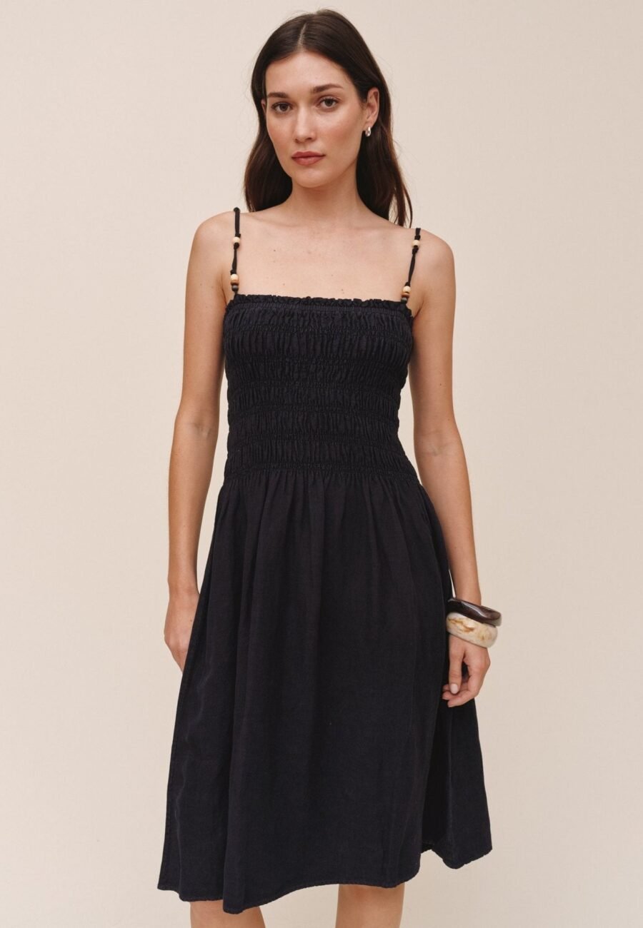 Smocked Dress With Beaded Straps - Black