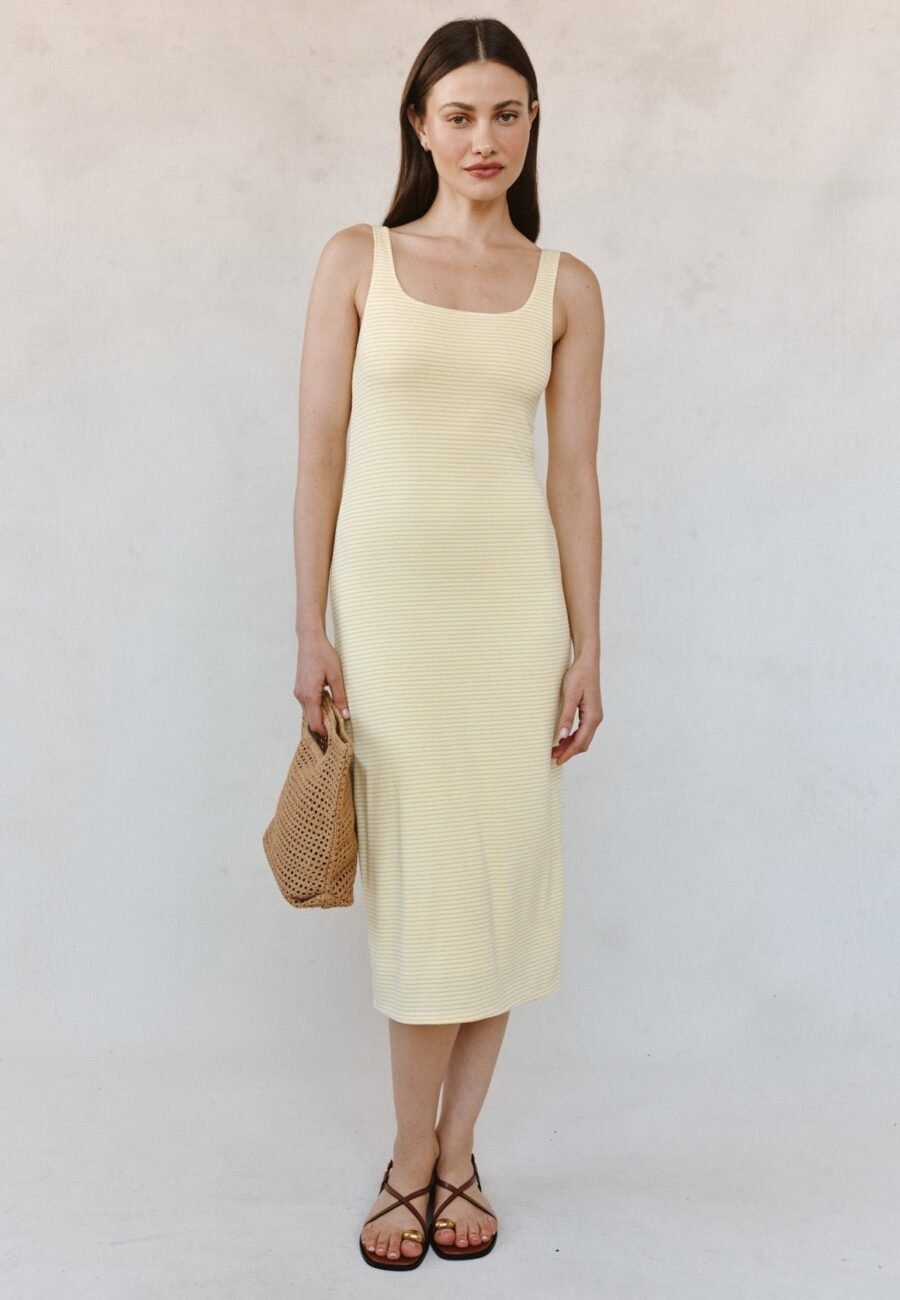 Square Neck Fitted Midi Dress - Lemon Meringue Stripe