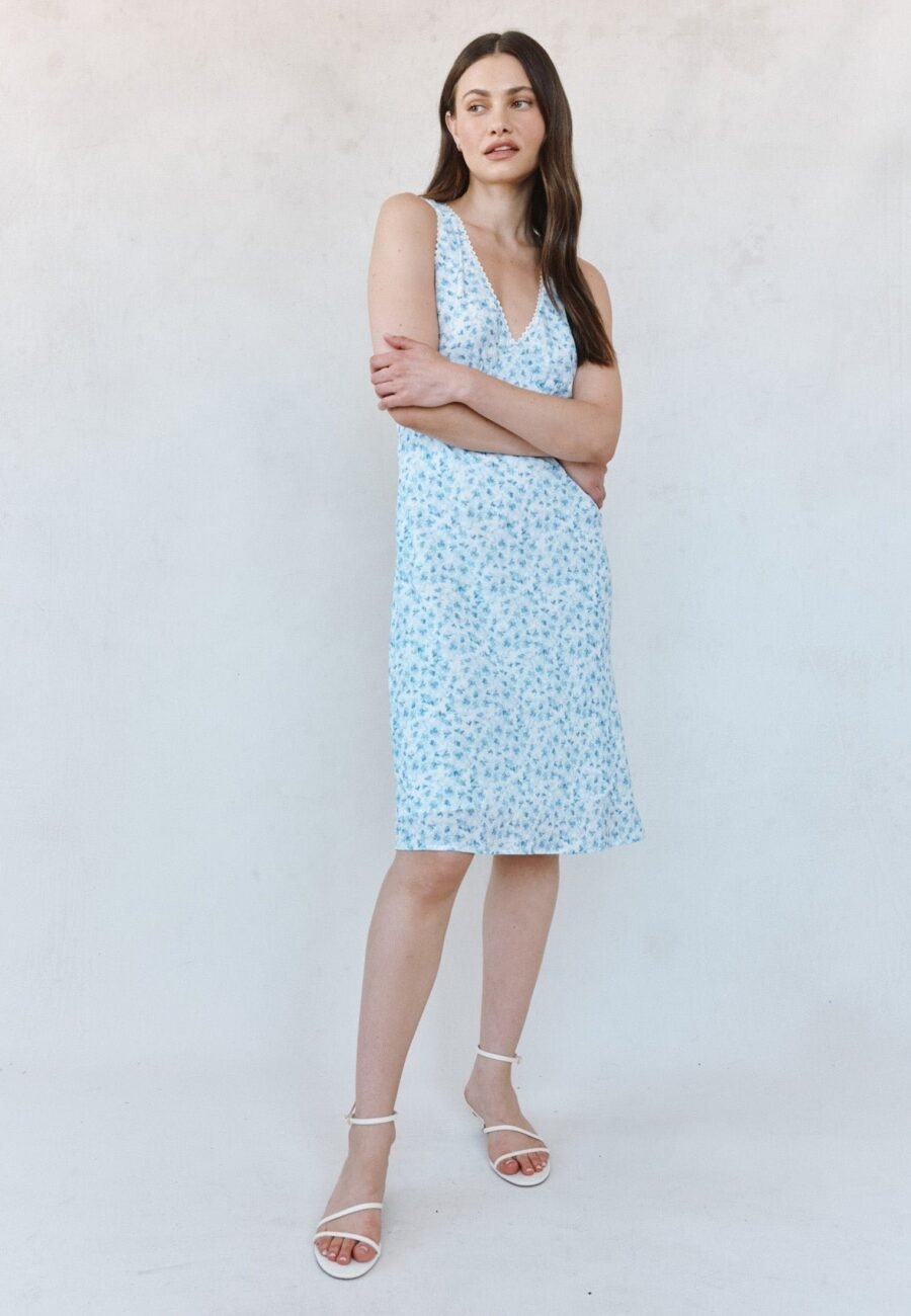 V-Neck Tie Back Bias Midi Dress - Blue Ditsy Floral Print